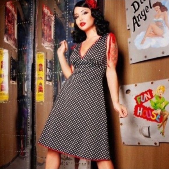 Pinup Couture Dresses & Skirts - Pinup Couture Black and White Polka Dot Dress with Red Trim